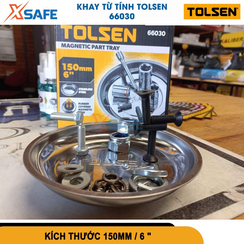 Đĩa nam châm TOLSEN 66030 6inch, khay từ tính thép không gỉ đế phủ cao su đựng bulong, ốc, vít, đinh tán [CHÍNH HÃNG]