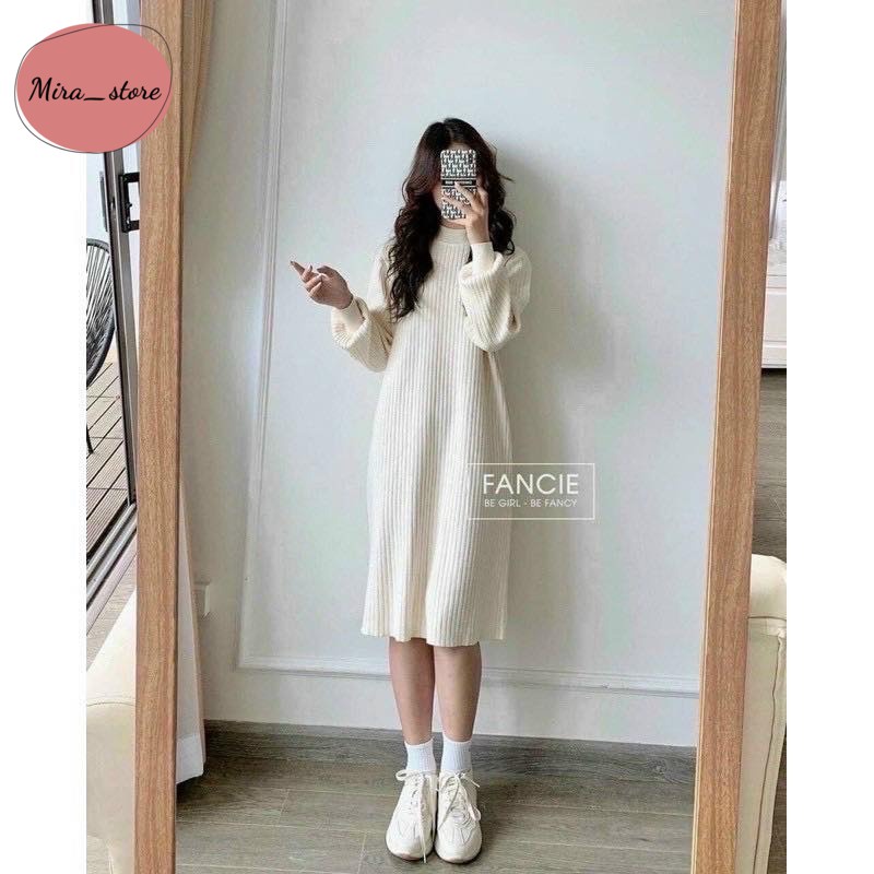 Váy Bầu Len Tăm Trơn [ FREESHIP] Đầm Bầu Dáng Suông Chất Len Tăm Mịn Màng Dày Dặn Có Cổ freesize từ 40-75kg