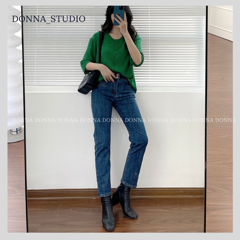 Quần Bò Ống Đứng 2 Cúc DONNA Quần Jean Cạp Cao Phong Cách Hàn Quốc