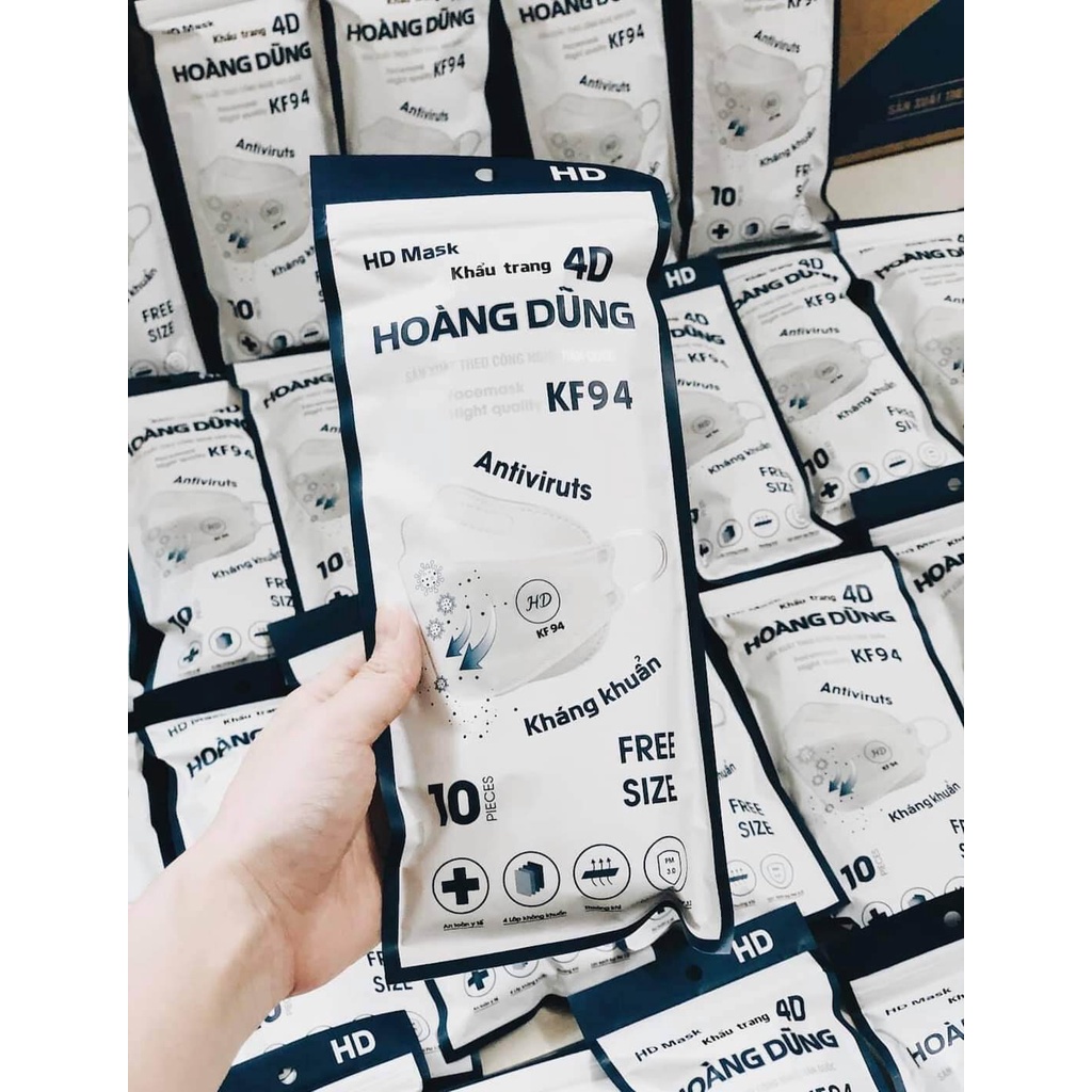 Khẩu trang 4d y tế 10cái vải kháng khuẩn màu trắng xám đẹp cao cấp KF94 4D người lớn Hoàng Dũng MASK chống bụi mịn ESHOP