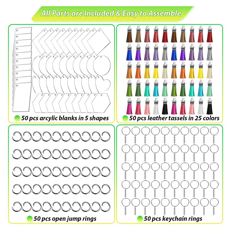 Bộ 50 Móc Khóa Trơn Bằng Acrylic Trong Suốt Với 5 Hình Dạng Khác Nhau Charms