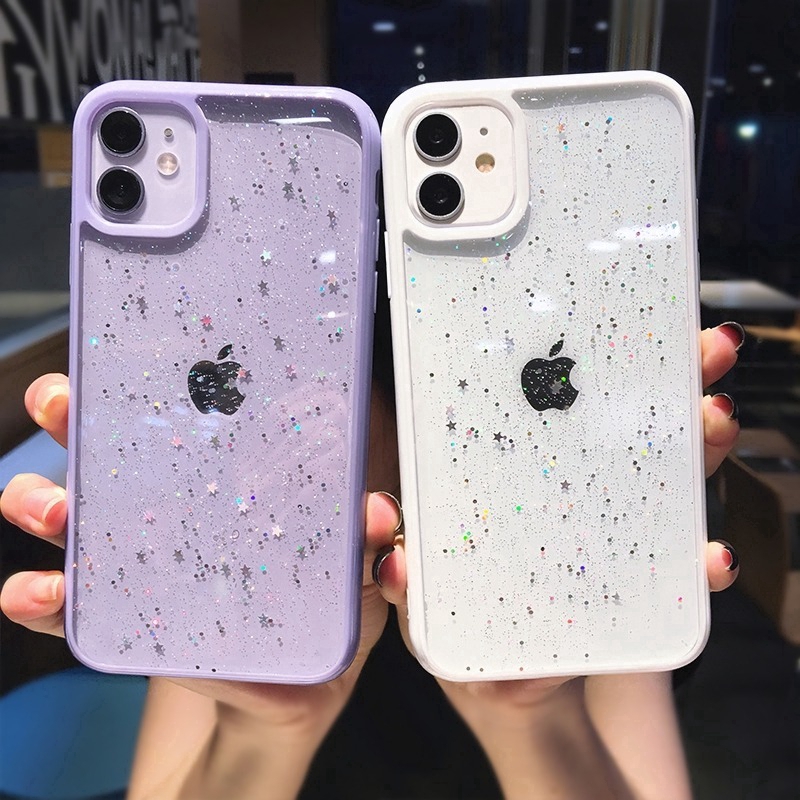 Glitter Star Sequins Soft Bling Clear Phone Case iPhone 12 Pro Max 12 Mini 11 Pro Max XS XR X 7 Plus  8 Plus Shockproof Transparent Powder Back Cover