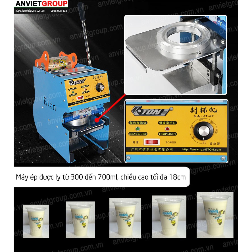 Máy dán ép dập đậy nắp miệng ly cốc Eton D7 An Việt (ET-D7) Chuyên dùng ép ly trà sữa, nước ép, cafe, sinh tố, canh...