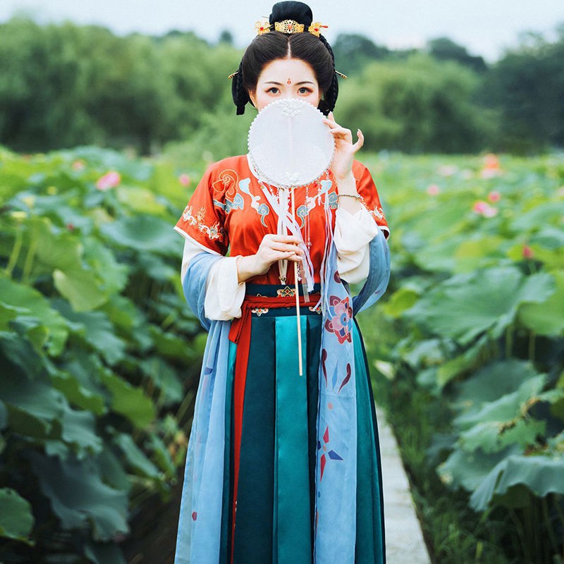 ☾nguyên bản chính thống nhà Đường sản xuất Tân cổ áo Hanfu nữ kiểu Trung Quốc nửa cánh tay bay váy Đôn Hoàng ph