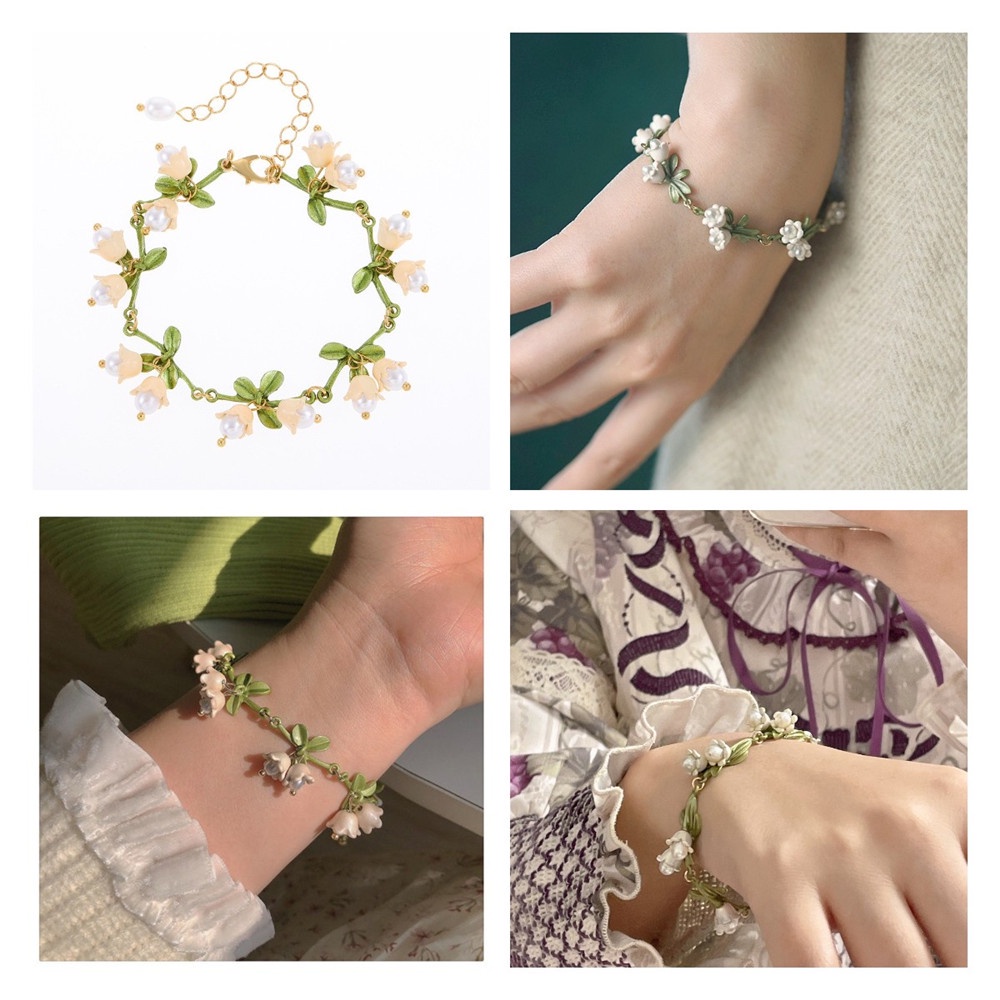 Bộ Trang Sức Gồm Dây Chuyền/Khuyên Tai/Vòng Tay/Dây Chuyền Mặt Hình Hoa Lily Màu Trắng/Xanh Lá Phong Cách Vintage Dành Cho Nữ Dự Tiệc