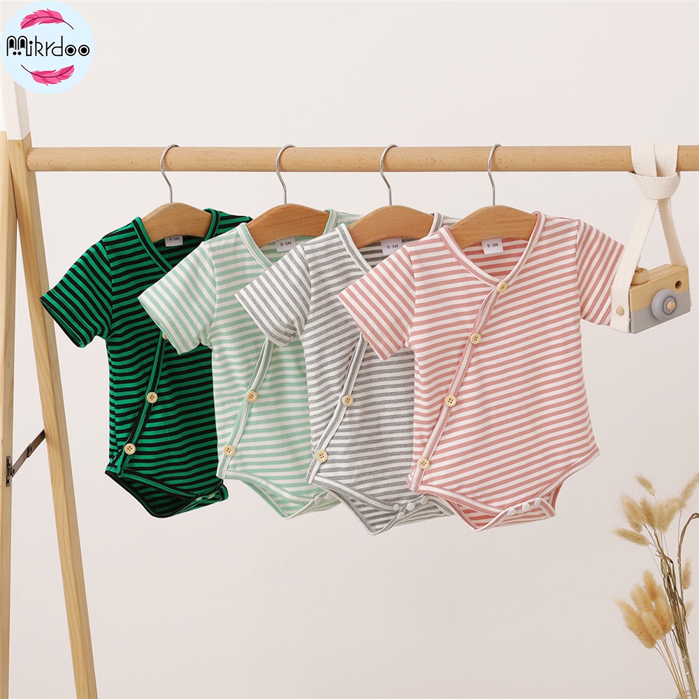 Áo liền quần Mikrdoo vải cotton tay ngắn kẻ sọc dễ thương cho bé trai sơ sinh 0-18 tháng tuổi
