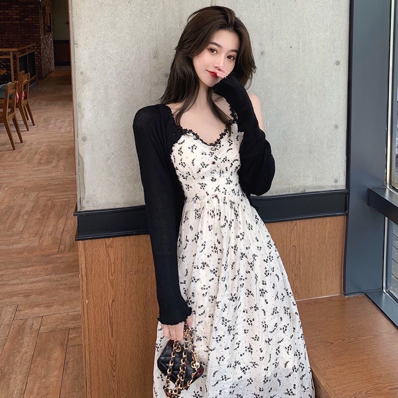 Set Váy Hoa Nhí Đen Dáng Maxi Cùng Áo Cardigan Đen HT02 Phù hợp cho nữ 2021 | BigBuy360 - bigbuy360.vn