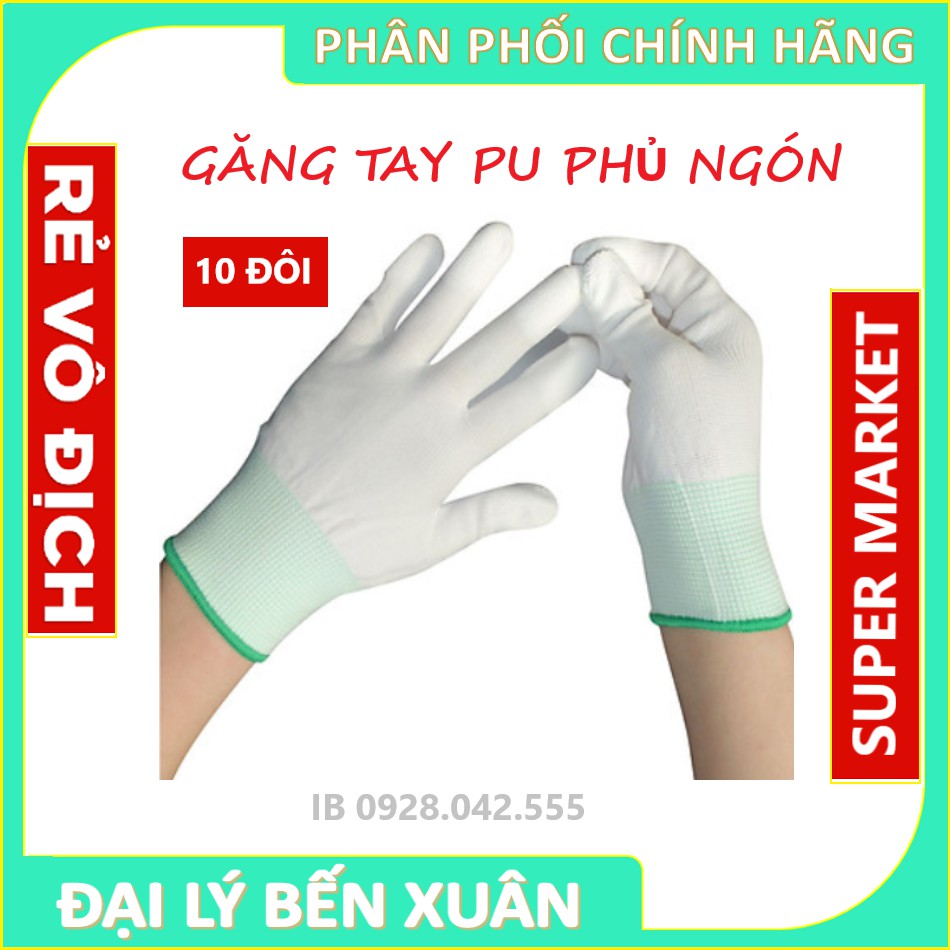 Combo 10 Găng tay phủ pu đầu ngón trắng, xám dùng trong phòng sạch bảo hộ lao động