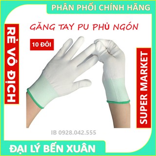 Combo 10 đôi găng tay phủ pu đầu ngón trắng, xám dùng trong phòng sạch bảo hộ lao động