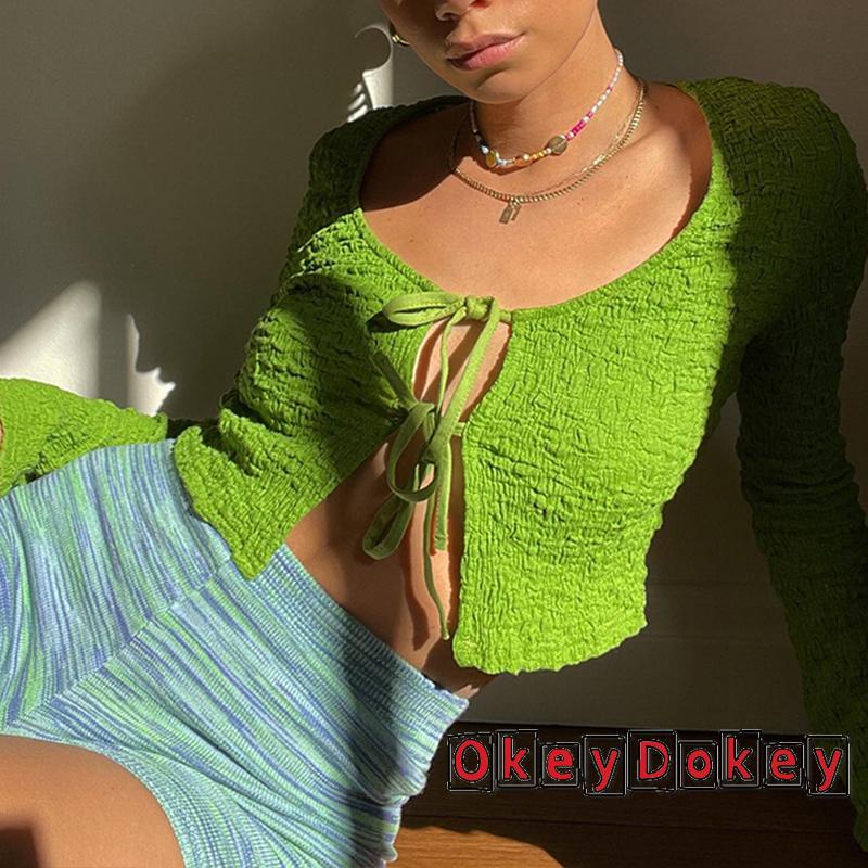 OKDK-Áo croptop nữ tay dài màu trơn thiết kế quyến rũ thời trang