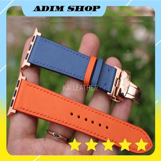 Dây da đồng hồ Apple watch, chất liệu da Swift Pháp - Xanh phối cam - Khâu tay thủ công - Bảo hành 12 tháng