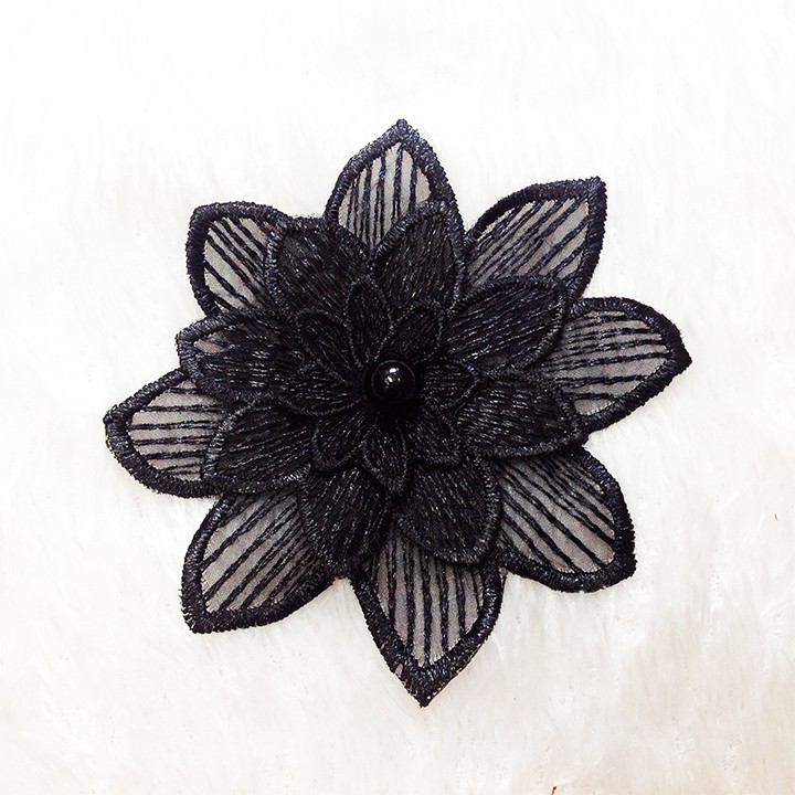 Hoa voan thêu 3D đen size 10cm trang trí áo đầm siêu đẹp bông đính kết váy
