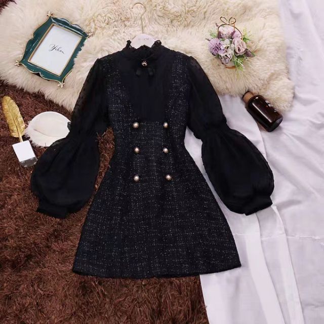 VÁY DẠ TWEET CỔ NƠ, TAY BỒNG