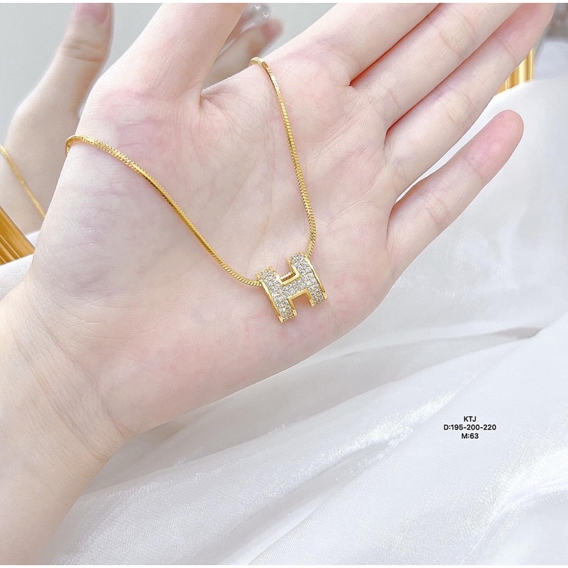 dây chuyền nữ mạ vàng dây lụa mặt chữ h phồng đính đá xinh xắn