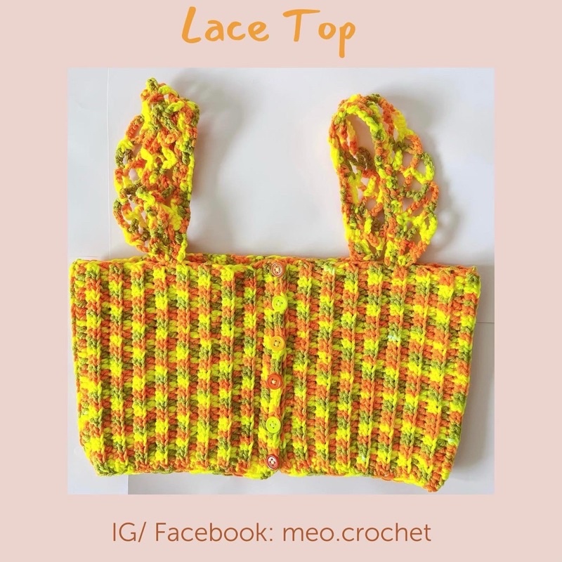 Lace Top - meo.crochet Áo croptop len đan móc cúc lưng mặc 2 kiểu khăn bandana băng đô đội đầu