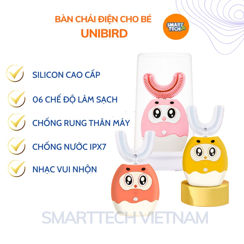 Bàn chải điện đánh răng cho bé UniBird, Bàn chải chữ U silicon cao cấp cho bé từ 2 -9 tuổi, có nhạc có cốc khử khuẩn