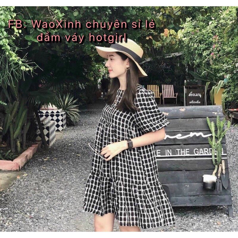 Đầm Babydoll Sọc Caro Trắng Đen Tay Bí Xinh Dễ Thương, Cho Bầu Bí Bon Chen Nè