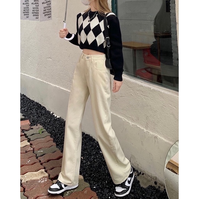Quần Jeans Suông Dài Màu Kem Nam Nữ Ống Đứng Chất Jean Kaki Phong Cách Ulzzang Basic Đi Học Đi Làm