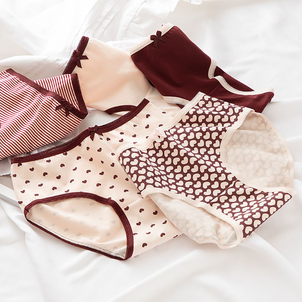 Quần Lót Cotton Thoáng Khí Lưng Vừa Đính Nơ Màu Đỏ Rượu Vang Dễ Thương Cho Nữ