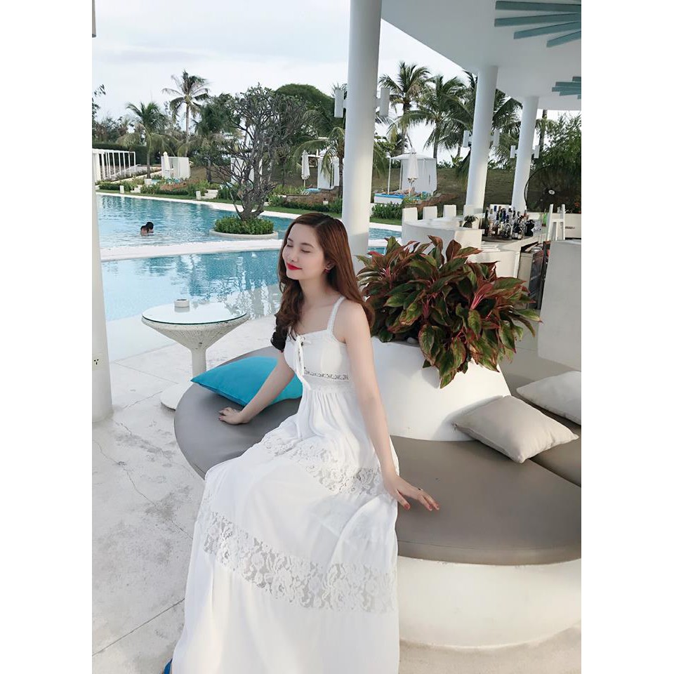 Đầm maxi trắng hai dây đan ngực (hàng thiết kế cao cấp)