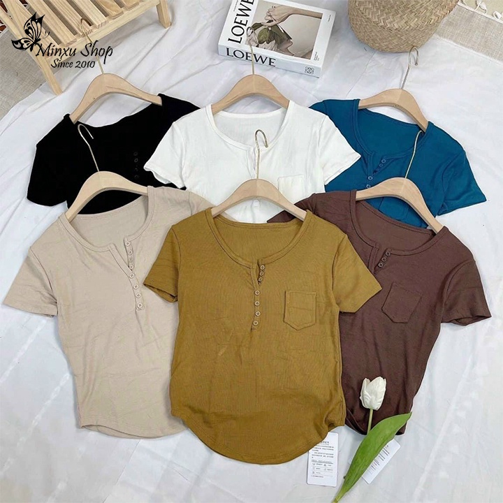 Áo thun tăm cúc ngực, áo thun kiểu tôn dáng cài cúc co giãn khoét đuôi tôm trẻ trung, cá tính Minxu Shop ATT