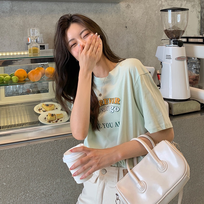 SUXI Áo Thun Tay Ngắn Cổ Tròn Dáng Rộng In Chữ Thời Trang Mùa Hè Cho Nữ