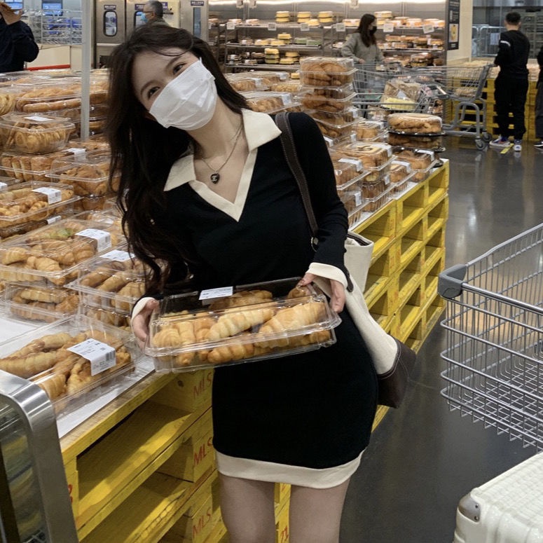 Đầm cổ polo ôm dáng màu tương phản thời trang cho nữ