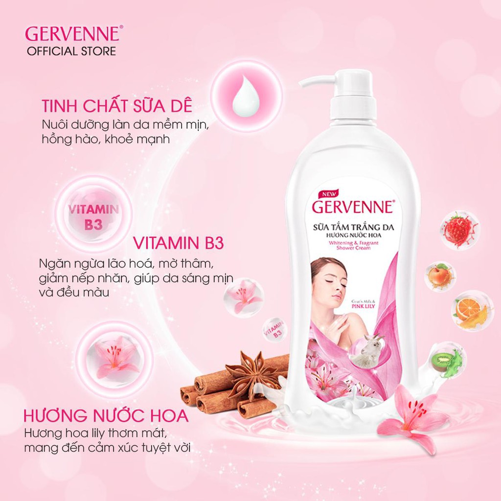 Combo Sữa tắm trắng da nước hoa Gervenne Pink Lily 1200g + Lăn khử mùi trắng da Pink Lily 50ml