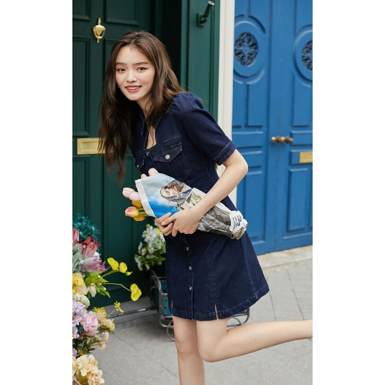 VERO MODA Đầm Denim Dáng Ôm Cổ Áo Khoét Lỗ Phía Trước