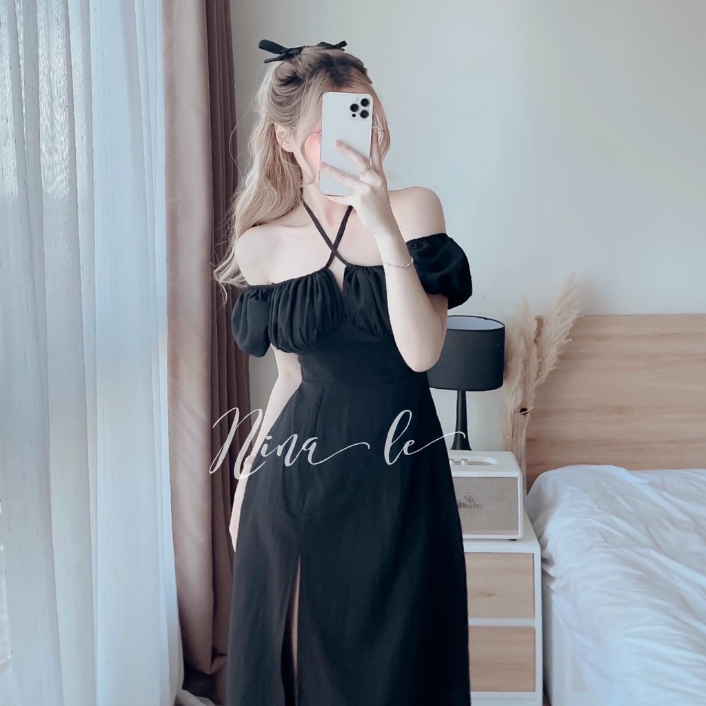 Đầm Đen Dự Tiệc,váy Midi Dáng Xòe Xẻ Tà Thiết Kế Tay Phồng Trễ Vai Ôm Body Sang Chảnh Thời Trang Xm Minh Phúc