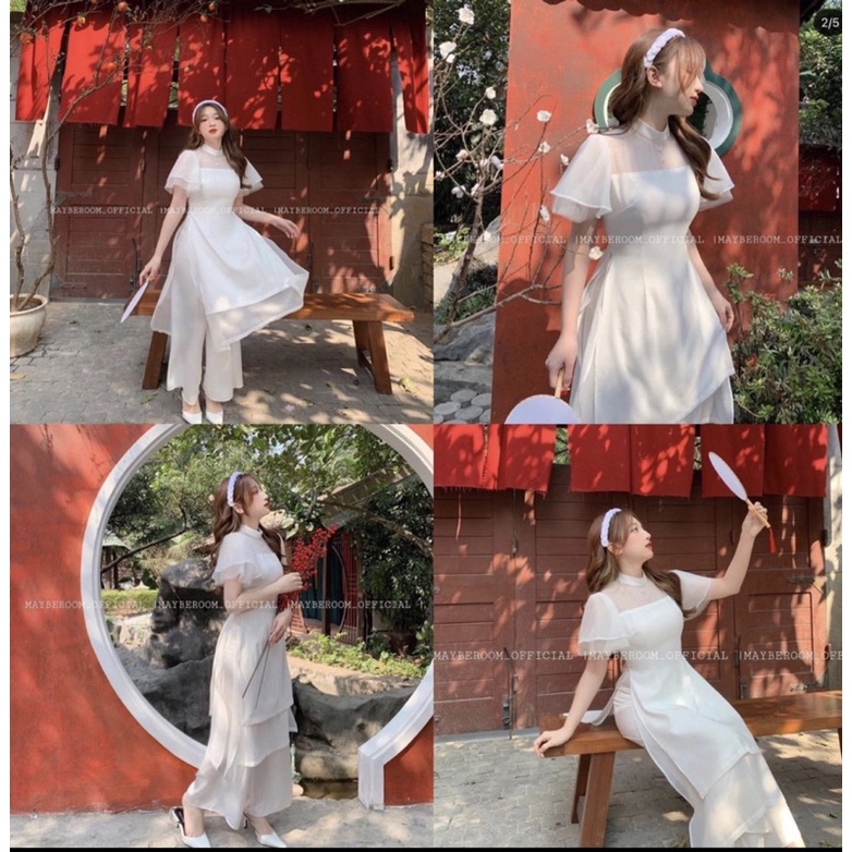 ÁO DÀI CÁCH TÂN TAY CÁNH TIÊN TRẮNG VẢI LỤA TƠ ÓNG SIÊU MỀM MỊN