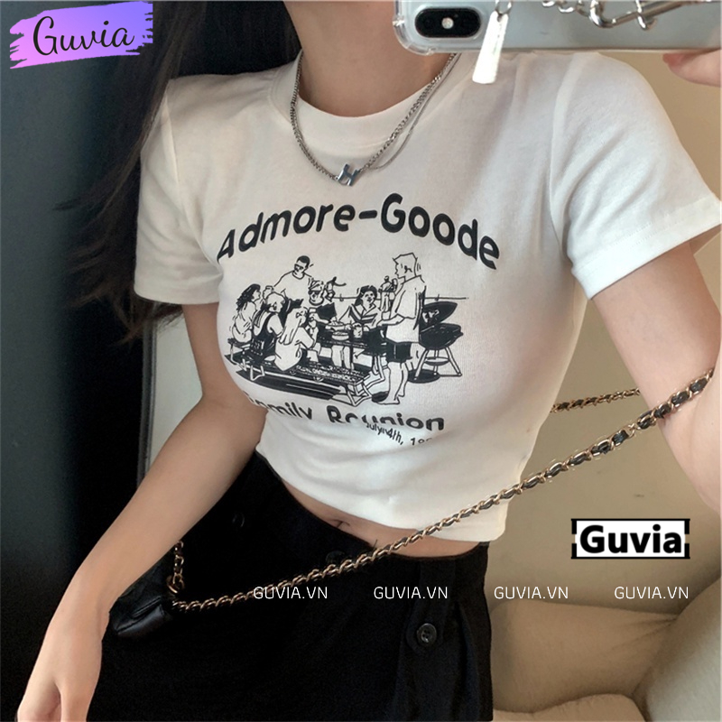 Áo Croptop Ôm Body Nữ ADMORE-GOODE Cổ Tròn Tay Ngắn, Áo Thun Croptop Kiểu In Họa Tiết GUVIA CR90