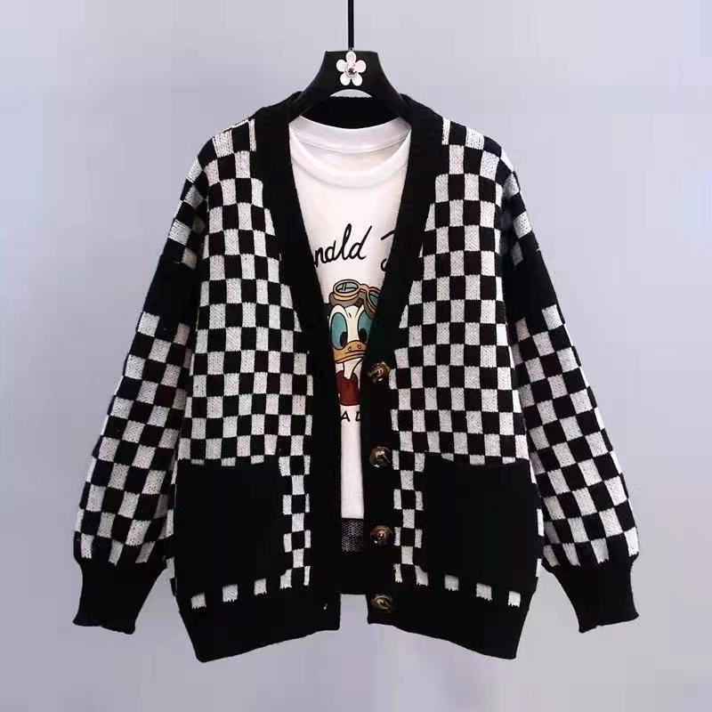 Áo Khoác Len Dài Tay Họa Tiết Ca Rô Màu Sắc Tương Phản Phong Cách Hàn Quốc Dành Cho Nữ