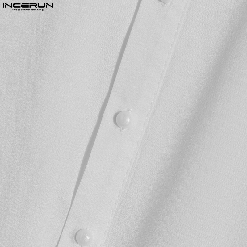 INCERUN Áo Sơ Mi Trắng Tay Ngắn Phồng Phối Nút Thời Trang Cho Nam