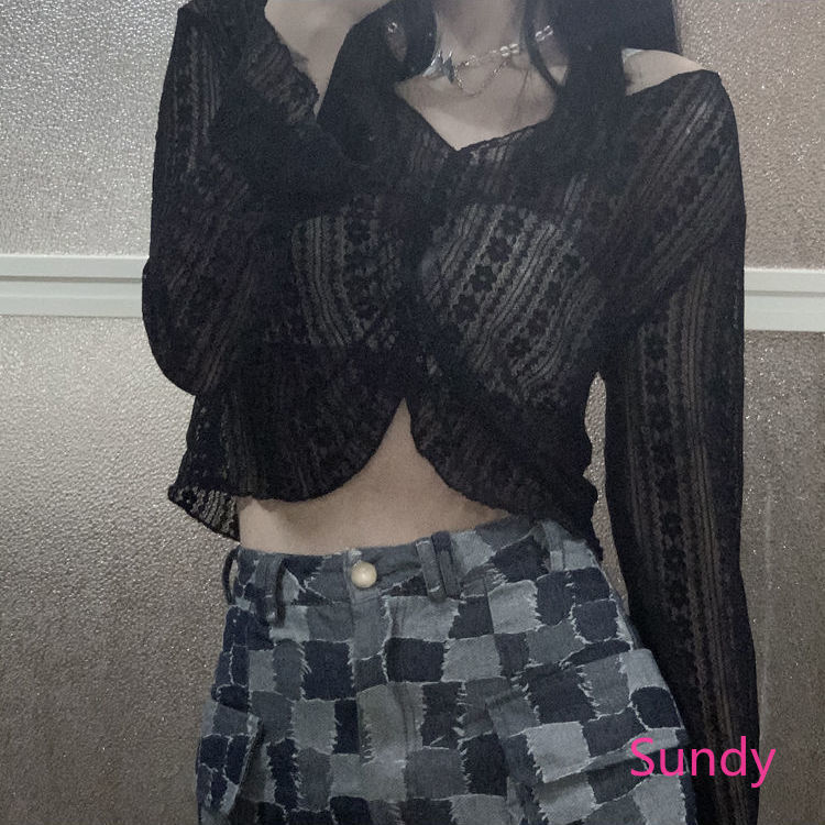 Áo croptop tay dài vải ren gợi cảm thời trang mùa hè cho bạn gái áo kiểu ren