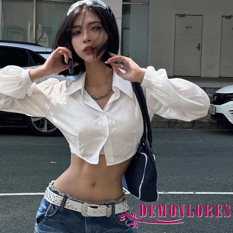 Áo Croptop Tay Dài Màu Trắng Thời Trang Xuân Thu Cho Nữ