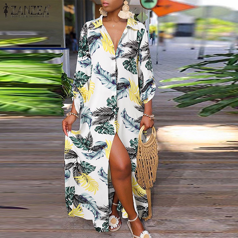 Đầm dài Zanzea dáng rộng tay dài in họa tiết lá thời trang cho nữ