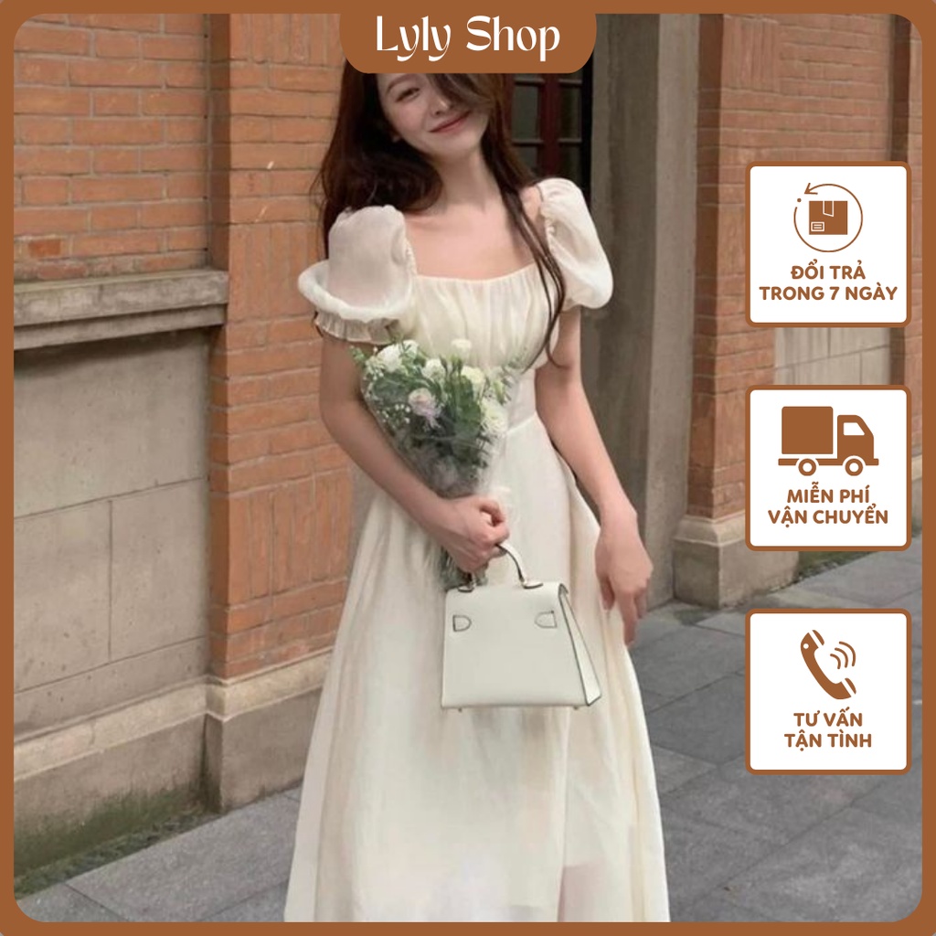 ĐẦM MIDI XẾP LY NHÚN NGỰC TAY BỒNG BO H5