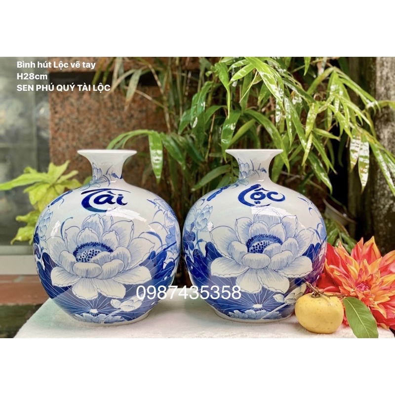 Bình hút lộc sen lam Tài Lộc gốm sứ Bát Tràng