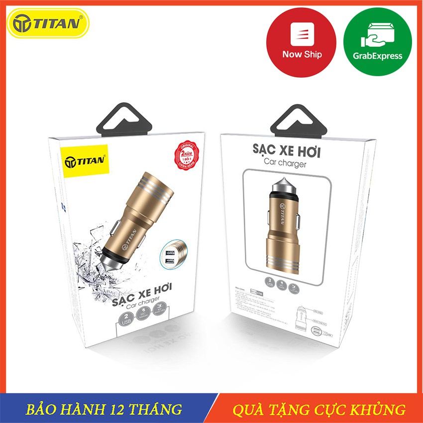 Sạc oto nhanh 2 cổng USB, Sạc Xe Hơi 2 Cổng TITAN, sạc nhanh siêu bền có thể thay thế búa phá kính