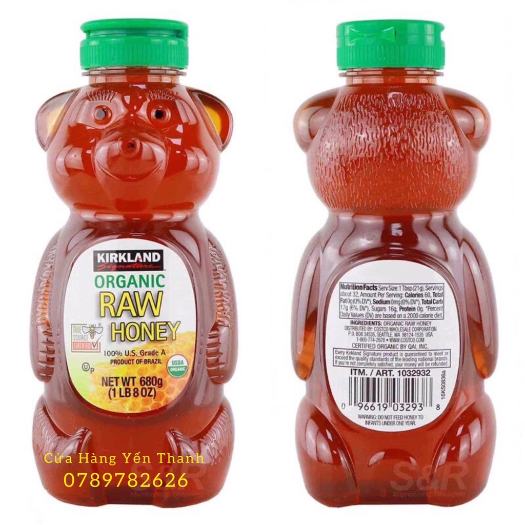 Mật Ong Gấu Hữu Cơ Kirkland Organic Raw Honey - Chai 680g - Mỹ