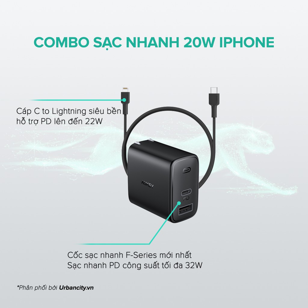 Combo AUKEY Cốc Sạc 2 Cổng PA-F3S Sạc Nhanh Type C PD 18W, USB-A 12W + Cáp C To Lighning MFi CB-CL, Hỗ Trợ PD Lên Tới 22