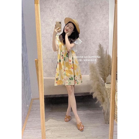 Váy hoa babydoll tay phối ren, đầm babydoll hàng thiết kế