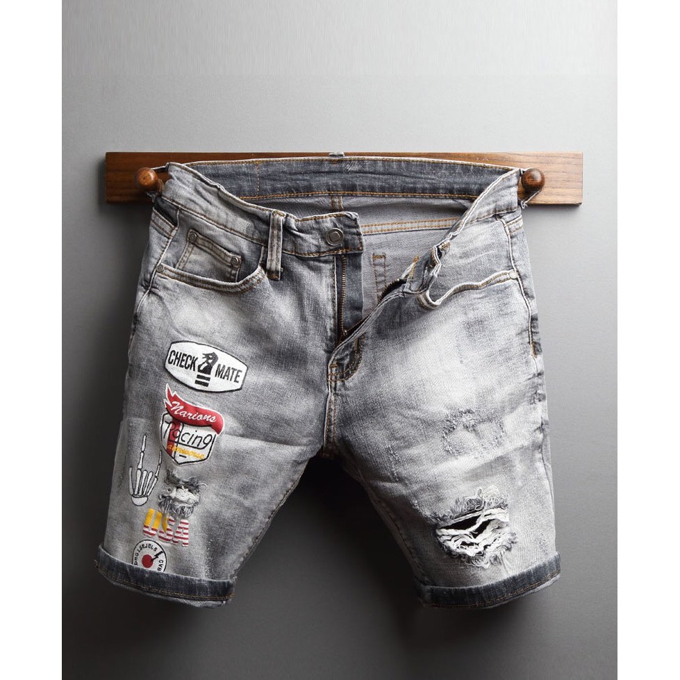 Quần Short Jean Nam Màu Xám Thêu Chất Vải Dày Dặn Co giãn, Cầm Nặng Tay VB-SHOP