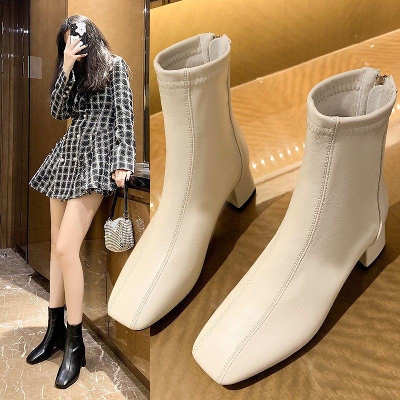 NEW Sale#Giày cao gót đến mắt cá chân của phụ nữ mùa thu và đông dày với cổ xuân đơn bốt mũi vuông trẻ em mỏng . ! : . ⚚