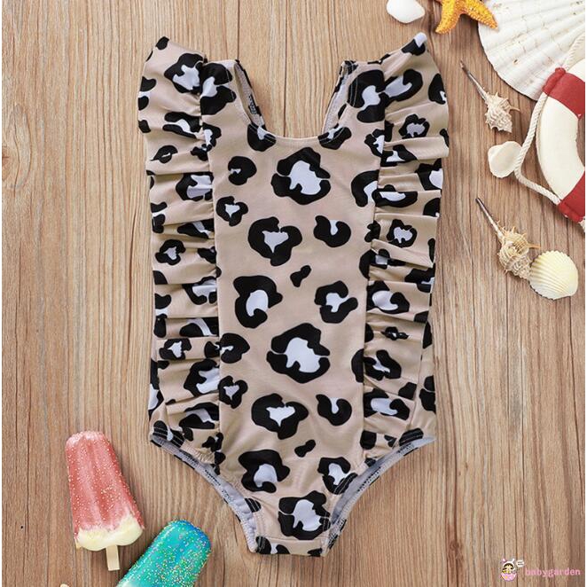 ღ♛ღbaby girls one-piece swimsuit leopard pattern backless V-neck lotus leaf swimsuit