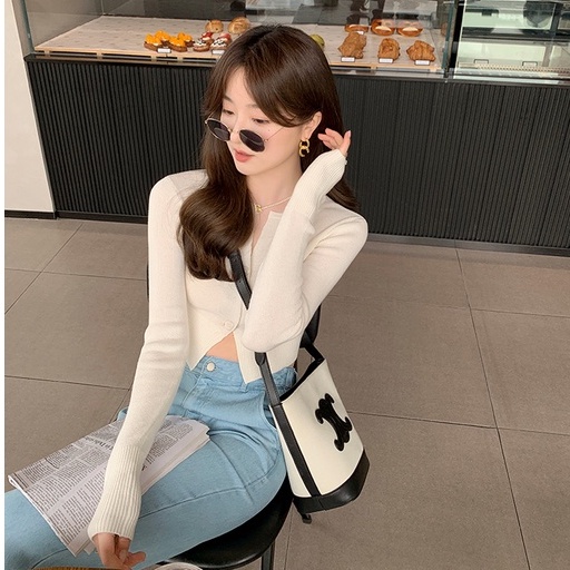 QKOOLE Áo Croptop Dệt Kim Tay Dài Cổ Tròn Kiểu Hàn Quốc Dễ Thương Cho Nữ áo khoác