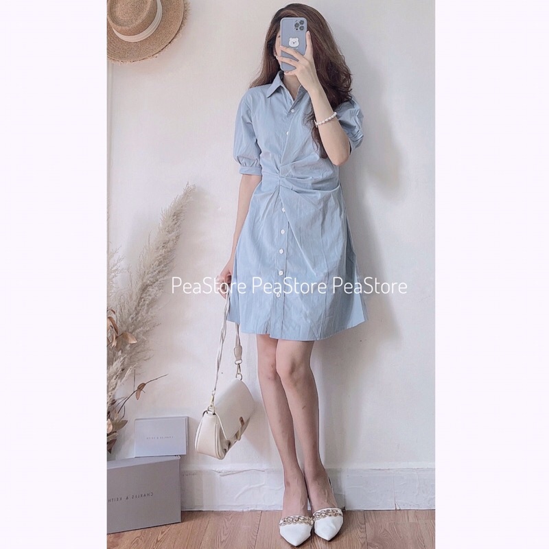 Váy Sơ Mi Xoắn Eo Cúc Dọc/Váy Thiết Kế Xếp Li Dúm Eo [Ảnh thật/Sẵn] | BigBuy360 - bigbuy360.vn