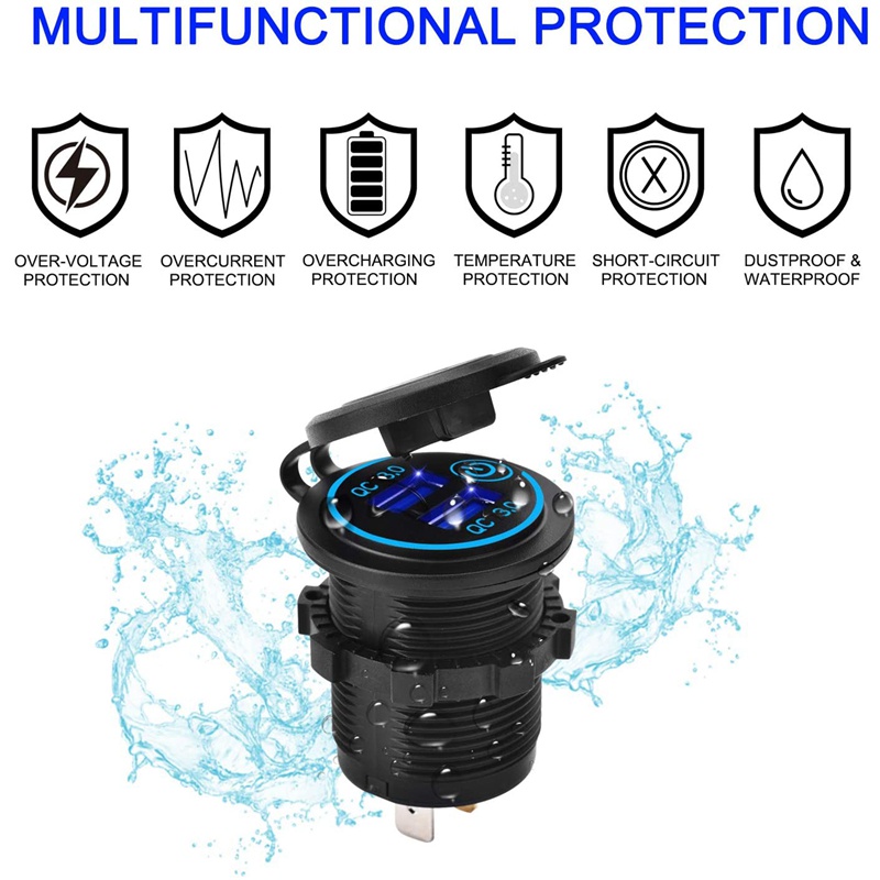 Ổ Cắm Sạc USB 3.0 12V 36W Chống Nước Kèm Công Tắc 1.1Inch Chất Lượng Cao