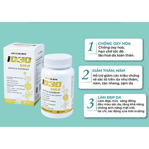 HÀNG NHẬP KHẨU - Viên uống trắng sáng da PETYFAN ID30 Gold White & Suncream chống nắng giảm nám chống lão hóa Hộp 30Viên